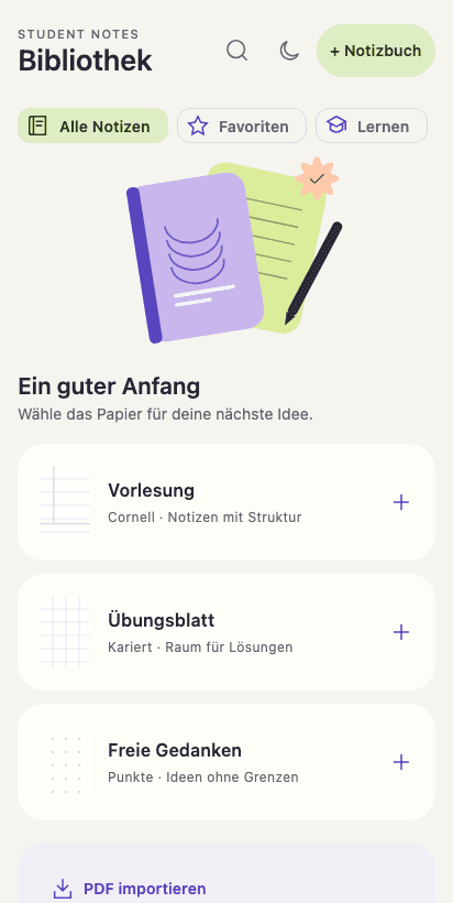 Student Notes auf einem schmalen Display